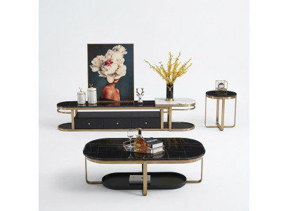 Wunnzëmmer Set Sideboard Säitentafel Couchtisch Dësch 3-Teileg Komplett