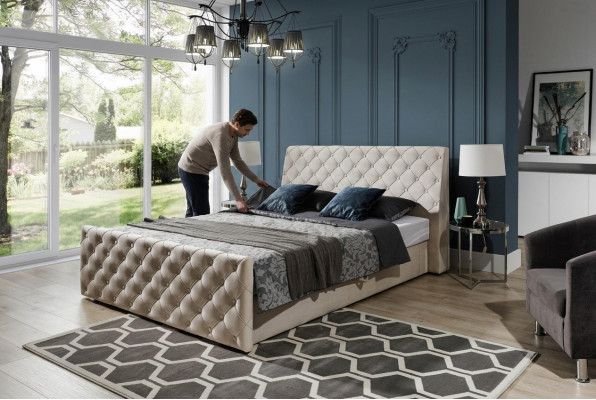 Chesterfield Bett Schlofzëmmer Better Textil 200x200cm Samt Grouss Hotel Beige Nei