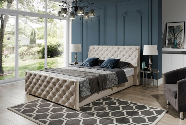 Chesterfield Bett Schlofzëmmer Better Textil 200x200cm Samt Grouss Hotel Beige Nei