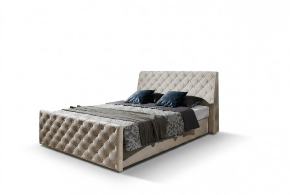 Chesterfield Bett Schlofzëmmer Better Textil 200x200cm Samt Grouss Hotel Beige Nei