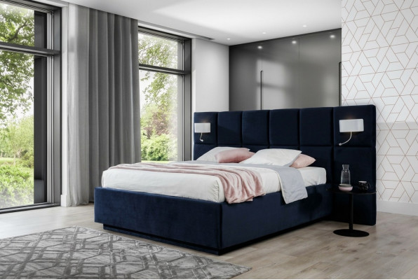 Bett Duebelbetter Luxus Schlofzëmmer 200x200cm Bettkëscht Stoff Beliichtung Nei