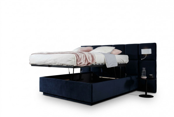 Bett Duebelbetter Luxus Schlofzëmmer 200x200cm Bettkëscht Stoff Beliichtung Nei