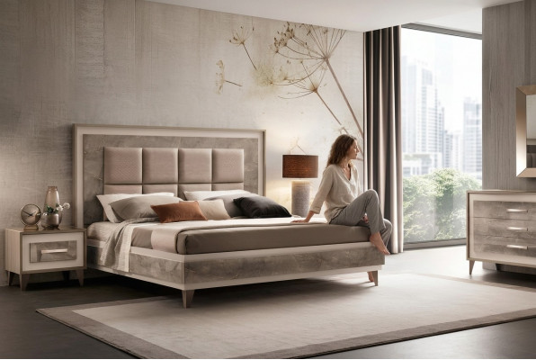 Bett Nuechtstësch 3-Teile Schlofzëmmer Set Luxus Modern Komplett Italienesch Miwwelen