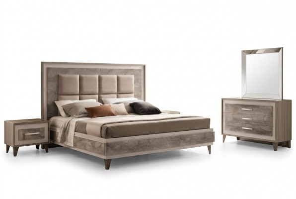 Bett Nuechtstësch 3-Teile Schlofzëmmer Set Luxus Modern Komplett Italienesch Miwwelen