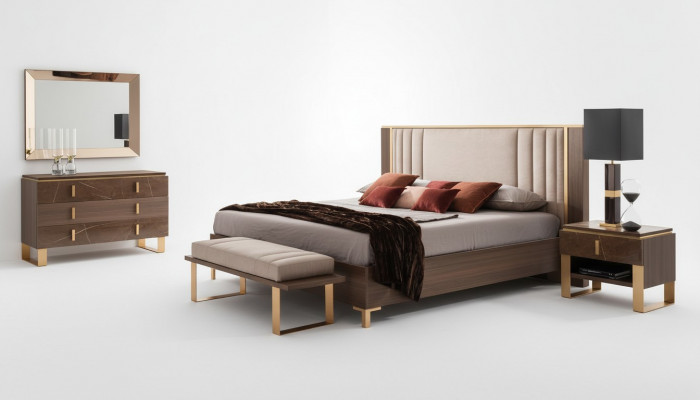Klassescht 4-Teile Schlofzëmmer Moderne Set Bett Nuetsdësch Komod.