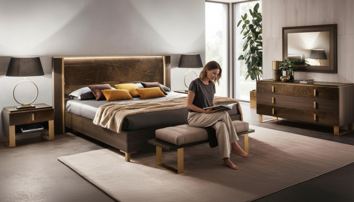 Bett Schlofkummer Set Design Modern Luxus 2x Nuetsdësch Italienescht 3tlg