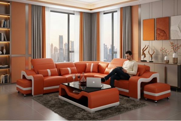 Ledersofa Couch Wunnlandschaft Ecksofa Eck Garnitur Design Moderne Sofa mat USB