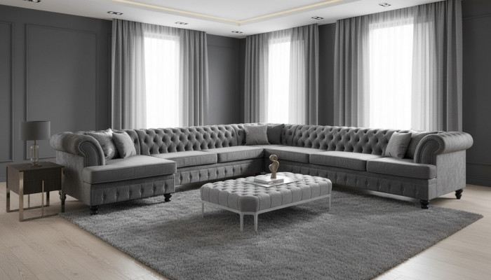 Set Luxus Modern Ecksofa U-Form Chesterfield an Dësch Couch Stoff Wunnzëmmer