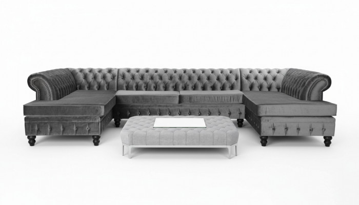 Set Luxus Modern Ecksofa U-Form Chesterfield an Dësch Couch Stoff Wunnzëmmer