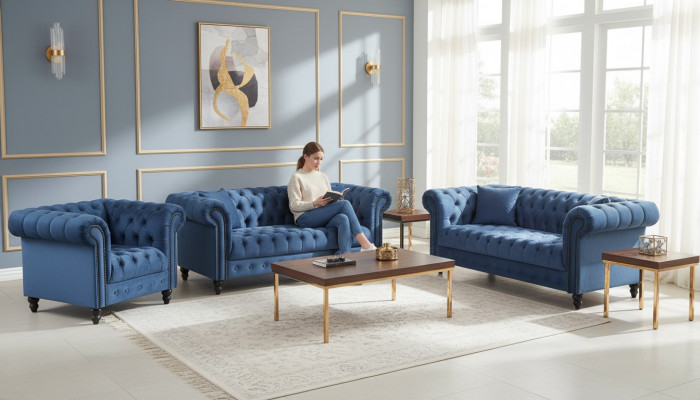 Dräisëtzer Chesterfield Canapé Couch Polster Luxus Miwwel Stoff Couchen