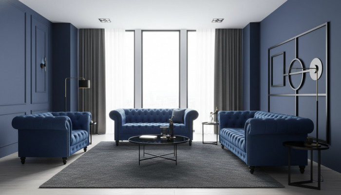 Dräisëtzer Chesterfield Canapé Couch Polster Luxus Miwwel Stoff Couchen