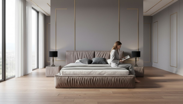 Luxus Designer Bett fir d’Schlofzëmmer mat Samt bezunn Möbel Better Stoff Textil Nei