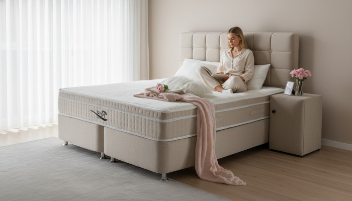 Edel Boxspring Bett 3-Teile Set Nuetsdësch Better Miwwelen Luxus Schlofkummer