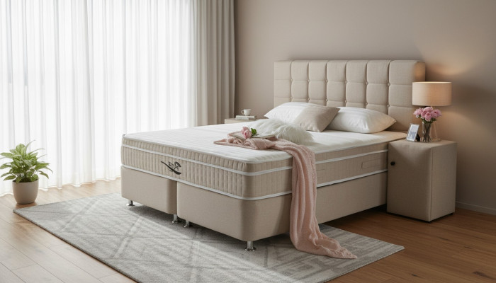 Edel Boxspring Bett 3-Teile Set Nuetsdësch Better Miwwelen Luxus Schlofkummer