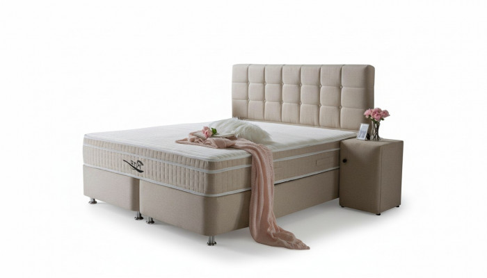 Edel Boxspring Bett 3-Teile Set Nuetsdësch Better Miwwelen Luxus Schlofkummer