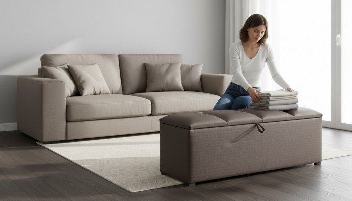 Truhe Späicher Box Luxus Schlofzëmmer Hocker Textil Foussëmmert