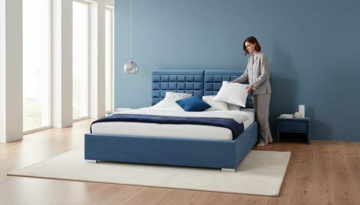 Luxus Boxspring Bett Design Stoff Hotel Better Schlofzëmmer Miwwelen Duebel