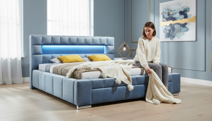 Luxus Boxspringbett Stoff Hotel Blo Betten Schlofzëmmer Miwwelen Design Duebel