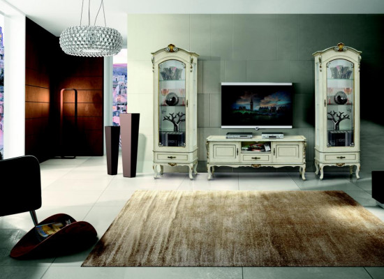 Wunnzëmmer Schaf Wunnwand 3tlg RTV 2x Vitrinn Design Italien Miwwelen Barock Stil