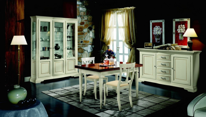 Design Iesszëmmer Set Garnitur 5tlg Holz Miwwelen Kommode 2x Stull Dësch Vitrin Nei