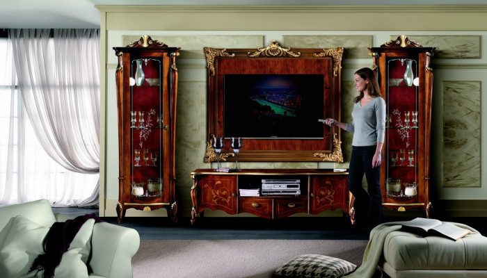 Set Garnitur 4-Stéck Italienesch Miwwelen 2x Vitrinn Sideboard RTV Wandplack Schaf