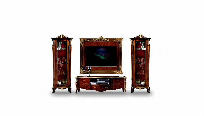 Set Garnitur 4-Stéck Italienesch Miwwelen 2x Vitrinn Sideboard RTV Wandplack Schaf