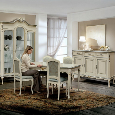 Luxus Iesszëmmer Set Garnitur 7-tlg Wäiss Holz Miwwelen Kommode 4x Stull Dësch Vitrin