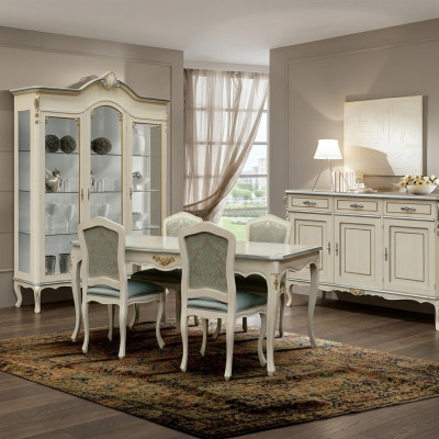 Luxus Iesszëmmer Set Garnitur 7-tlg Wäiss Holz Miwwelen Kommode 4x Stull Dësch Vitrin
