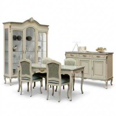 Luxus Iesszëmmer Set Garnitur 5tlg Wäiss Holz Miwwelen 4x Still Dësch Stil Barock Nei