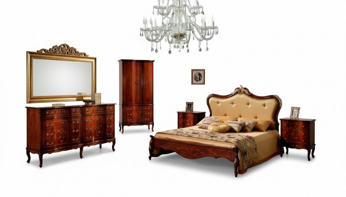 Set 3tlg. Schlofkummer Garnitur Bett 2x Nuetsdësch Italienesch Barock Miwwelen Nei
