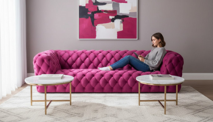 Rosa XXL Grouss Canapé Chesterfield Sofa Polster Stoff Canapéen Véiersëtzer 250cm nei