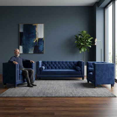 Chesterfield Blo Sofa-Garnitur 3tlg Set Couch Garnituren Sëtz Polster Grupp