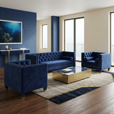 Chesterfield Blo Sofa-Garnitur 3tlg Set Couch Garnituren Sëtz Polster Grupp