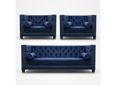 Chesterfield Blo Sofa-Garnitur 3tlg Set Couch Garnituren Sëtz Polster Grupp