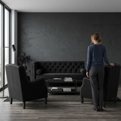 Schwaarz Sofa-Garnitur Dräisëtzer Sesselen Polster Couches Garnitur 3+1+1