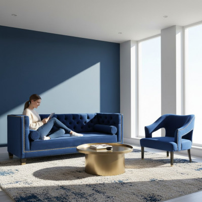 Luxus blo Chesterfield Couch Set Fauteuil + Dräisëtzer 3+1+1 Set