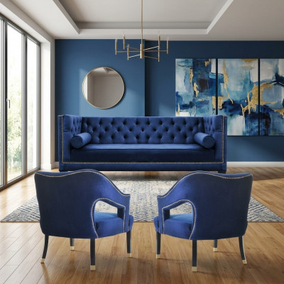 Luxus blo Chesterfield Couch Set Fauteuil + Dräisëtzer 3+1+1 Set