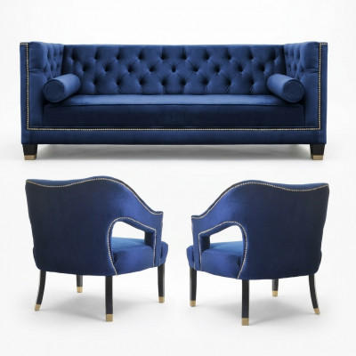 Luxus blo Chesterfield Couch Set Fauteuil + Dräisëtzer 3+1+1 Set