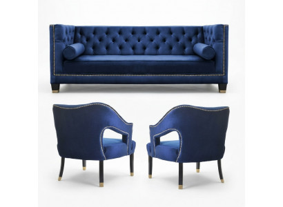 Luxus blo Chesterfield Couch Set Fauteuil + Dräisëtzer 3+1+1 Set