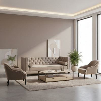 Chesterfield Beige Fotell Luxus Miwwelen Garnituren Textil Stoff Couchen Grupp Nei