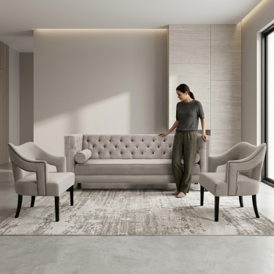 Beige Chesterfield Sofagarnitur Polster Sëtz Garnituren 3-Stéck Set Grupp