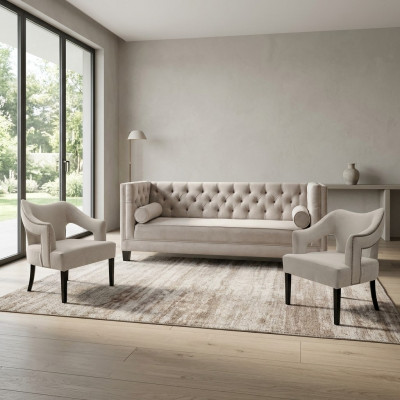 Beige Chesterfield Sofagarnitur Polster Sëtz Garnituren 3-Stéck Set Grupp