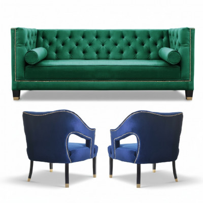 Grénz Sofa Set 3-Teile Garnitur Couch Garnituren Sitz Polster Chesterfield Set Samt