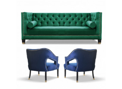 Grénz Sofa Set 3-Teile Garnitur Couch Garnituren Sitz Polster Chesterfield Set Samt