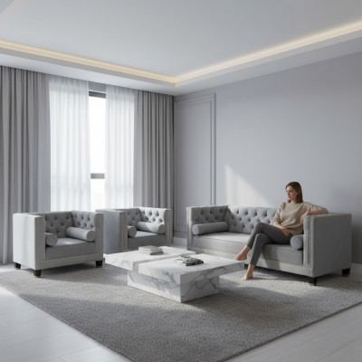 Sëtzgrupp Gro Chesterfield Fotell Luxus Miwwelen Textilstoff Wunnzëmmer Nei
