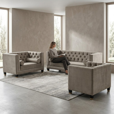 Béisch Sofagarnitur Chesterfield Fotell Luxusmiwwel Textil Stoff Wunnzëmmer Nei