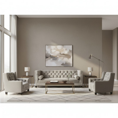Béisch Sofagarnitur Chesterfield Fotell Luxusmiwwel Textil Stoff Wunnzëmmer Nei