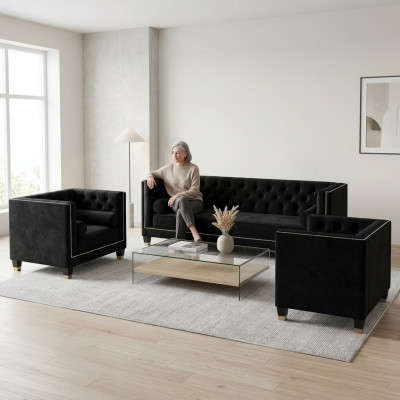 Schwaarz Wunnzëmmer Canapé Chesterfield Sëtzgrupp Dräsëtzer 3-Stéck