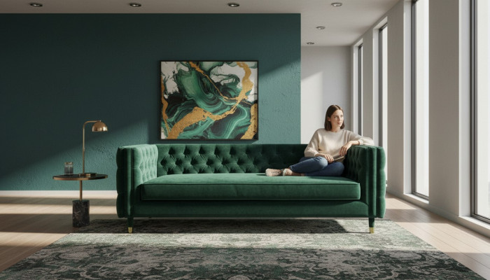 Chesterfield 4-Sëtzer Sofa Luxus Design Miwwelen Textil Stoff Couchen Gréng Sofasen