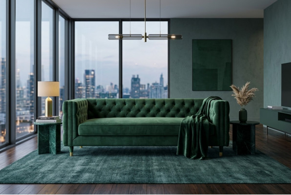 Chesterfield 4-Sëtzer Sofa Luxus Design Miwwelen Textil Stoff Couchen Gréng Sofasen